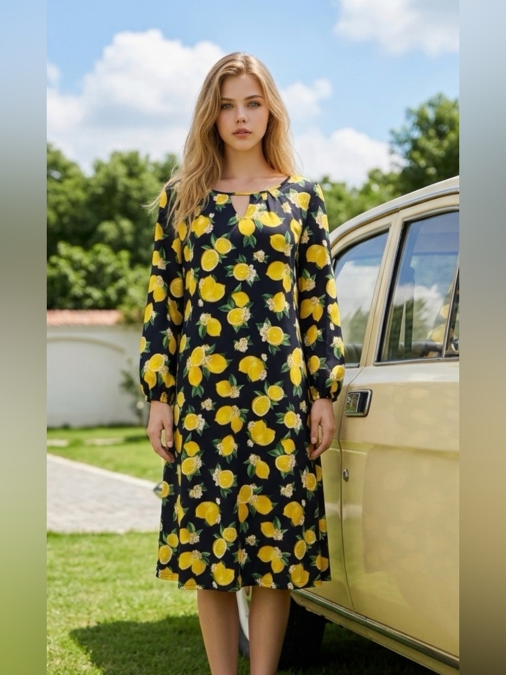AVON Lemon Print Black Dress